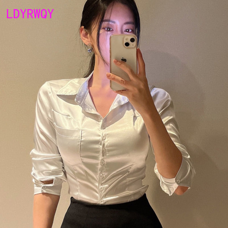 Shirt Camp Collar - Женская атласная рубашка-поло с длинным рукавом
