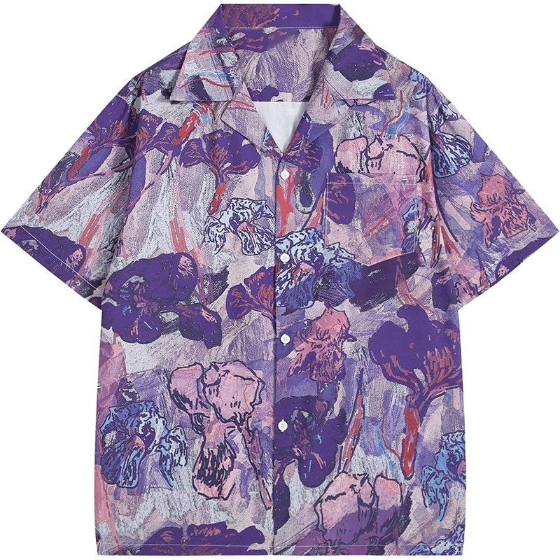Resort Shirt Floral - Винтажная фиолетовая рубашка унисекс с коротким