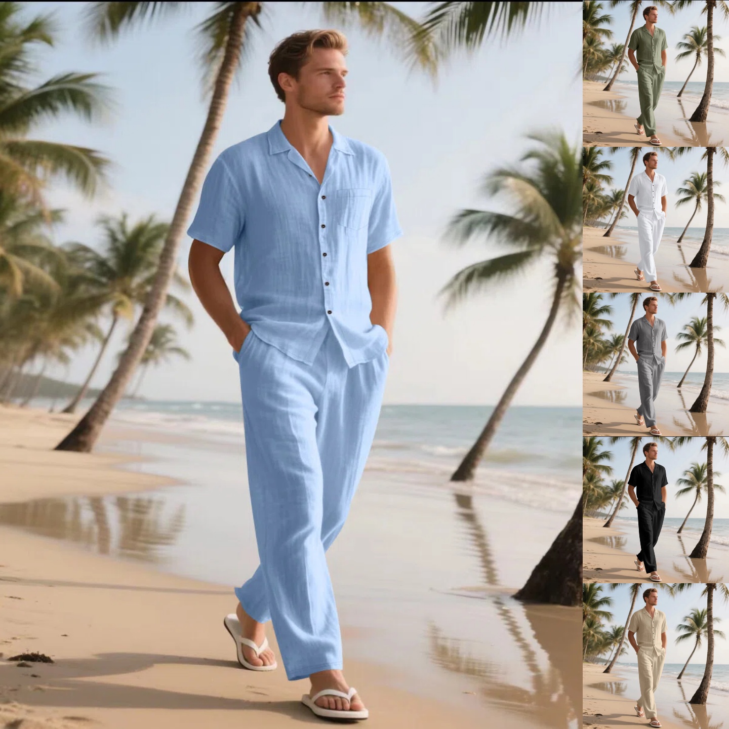 Short Linen Drawstring - Летний мужской комплект из льна: повседневный,