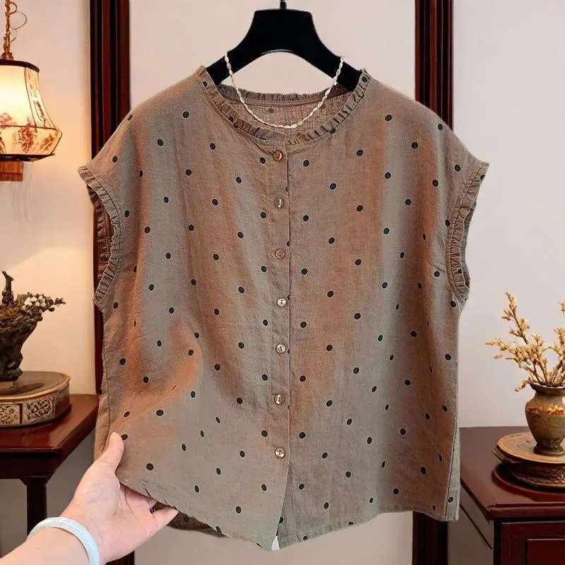 Shirt Camp Collar - Женская ретро-блузка из льна и хлопка
