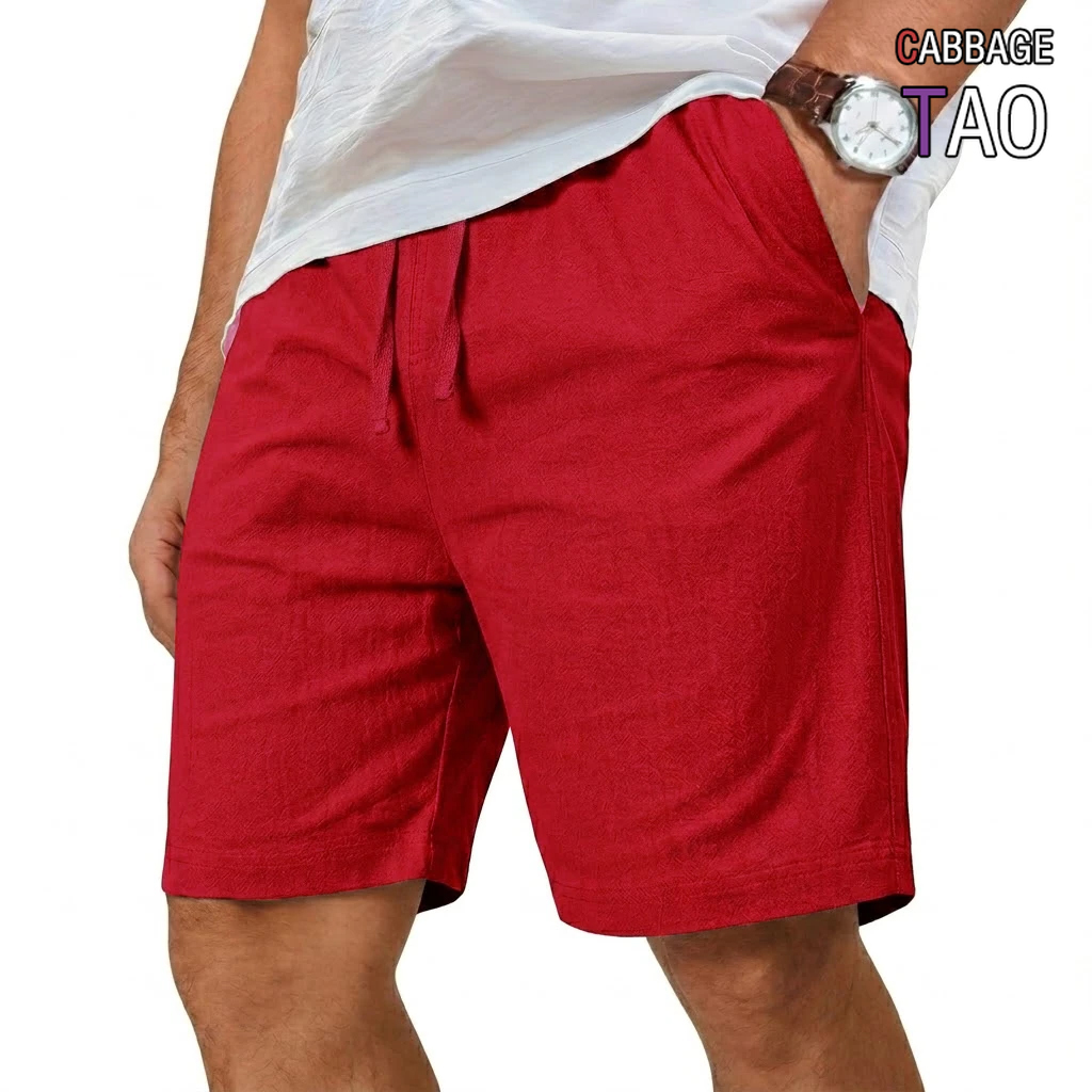 Short Linen Drawstring - Широкие хлопковые льняные шорты, однотонные, легкие,