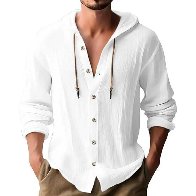 Short Linen Drawstring - Мужская однотонная повседневная рубашка с длинными